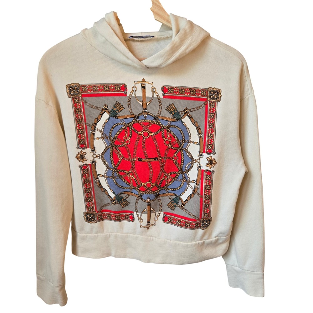 ZARA Hoodie Cream Equestrian Print Cropped Hooded Sweatshirt Small Old‎ Money